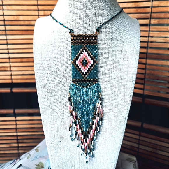 Light Blue Pink Black White Seed Bead Vintage Corded Slide Necklace Loom Work - Picture 3 of 12